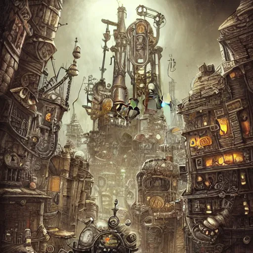 Image similar to machinarium city, steampunk style, fantasy style, super high detail, super high quality, talented artist, trending on artstation