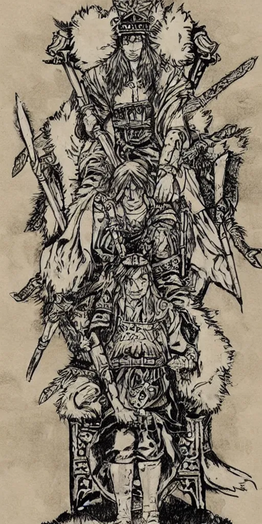 Image similar to a king on a throne drawn by Makoto Yukimura in the style of Vinland saga