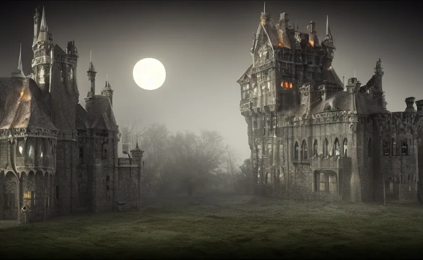 Image similar to a picture of burning!!! gothic! castle in fog, full moon, visual art, 8 k resolution, 3 d modelling, accent lighting, art station