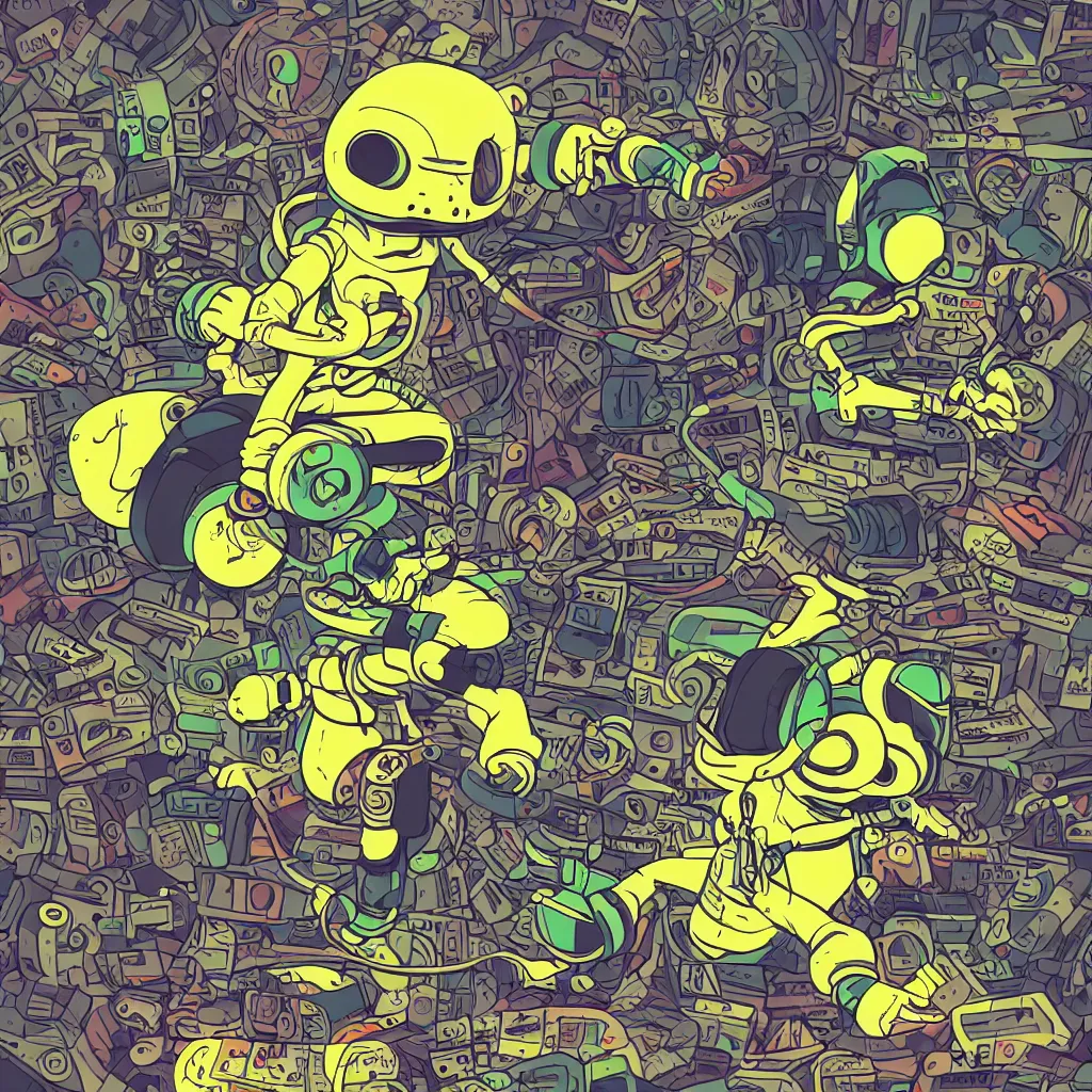 Image similar to a toad wearing headphones, ryuta ueda artwork, breakcore, style of jet set radio, y 2 k, gloom, space, cel - shaded art style, record store, data, minimal, code, cybernetic, dark, eerie, cyber