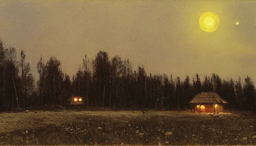 Prompt: wide scene of a siberian cabin at forest's edge with smoking chimney under moonlight, by ilya repin, full resolution