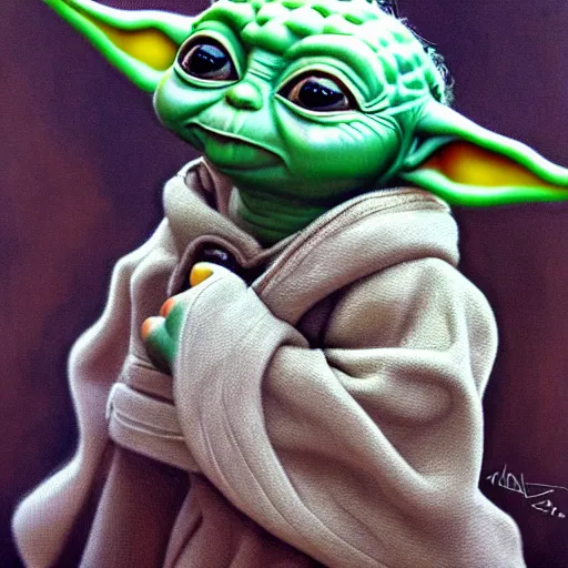 Image similar to Baby yoda, very cute, accurate, hyperdetailed, intricate detail, insanely detailed and intricate, edge to edge, solid color background intricate, highly detailed, smooth, sharp focus, detailed, high contrast, full frame, oil painting