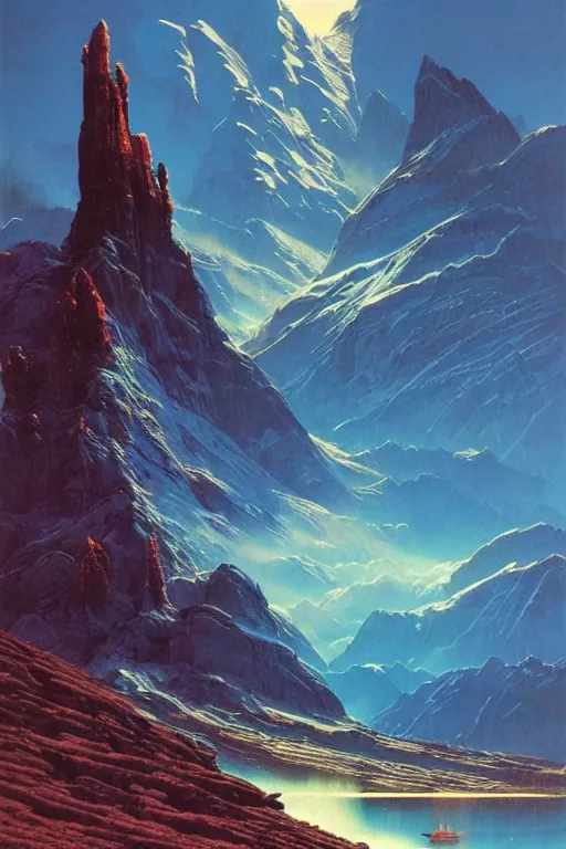 Prompt: a sci - fi landscape, cosmic sky icy lake and rocky moutains vivid by bruce pennington