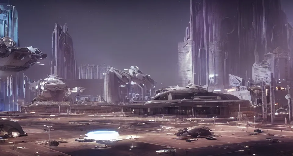 Prompt: a beautiful scifi movie shot of Las Vegas at night with massive brutalist industrial military modern cathedral buildings and mri machines art, star wars, unreal engine, Artstation massive aircraft carrier towers futuristic gothic cathedral architecture with hangar bays maschinen krieger, ilm, beeple, star citizen halo, mass effect, starship troopers, elysium