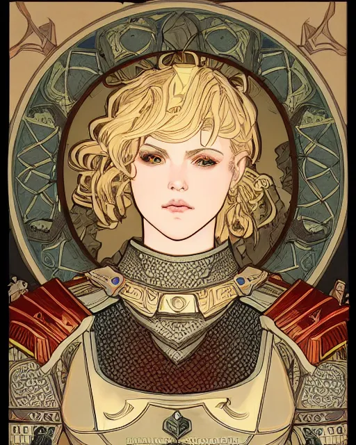 Image similar to young paladin woman, short blonde hair, plate chest armour, symmetrical portrait RPG avatar, by Mucha, intricate, 8k,