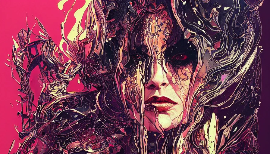 Prompt: the queen of the abyss from elden ring by sandra chevrier, wlop, moebius and kilian eng, atmospheric, fine details, vivid, neon, masterpiece