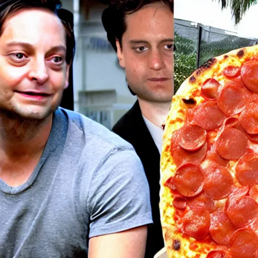 Prompt: tobey maguire eating the biggest pizza in the world