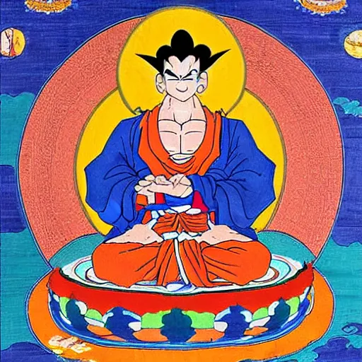 Prompt: Goku depicted in a Buddhist style Thangka painting