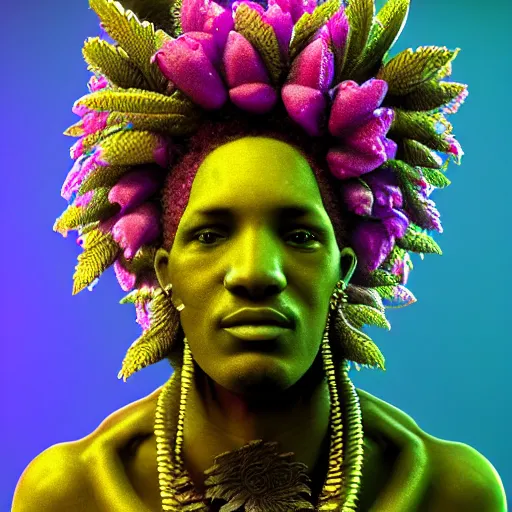 Image similar to an african marijuanna! shaman with an afro made of flowers, third eye art art by machina infinitum, complexity from simplicity, rendered in octane, mandelbulb 3 d, ambient occlusion, radiant lighting, macro photography, felt!!! texture, tribal, pastel! retrowave