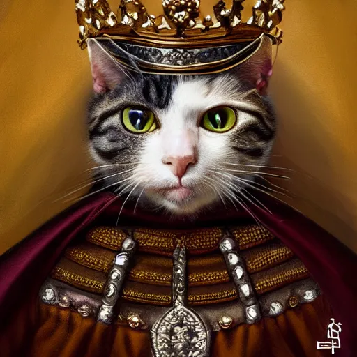 Prompt: an oil painting portrait of a cat wearing medieval royal robe and an ornate crown on a dark background, digital Art, concept Art, highly detailed, 3-D 4K, trending on art station, Award winning, Mark Brooks
