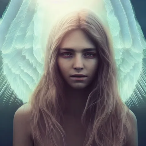 Image similar to portrait art of female angel, art by alessio albi 8 k ultra realistic, angel wings, lens flare, atmosphere, glow, detailed, intricate, full of colour, led lighting, trending on artstation, 4 k, hyperrealistic, focused, extreme details, unreal engine 5, masterpiece