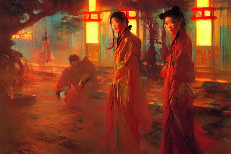 Image similar to wuxia, neon light, painting by gaston bussiere, craig mullins, j. c. leyendecker