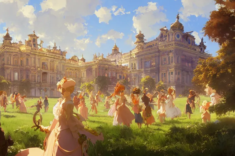 Image similar to an ornate baroque palace, party in front, scene in an open field. key visual, conceptart, ambient lighting, highly detailed, digital painting, artstation, concept art, sharp focus, by makoto shinkai and akihiko yoshida and greg manchess