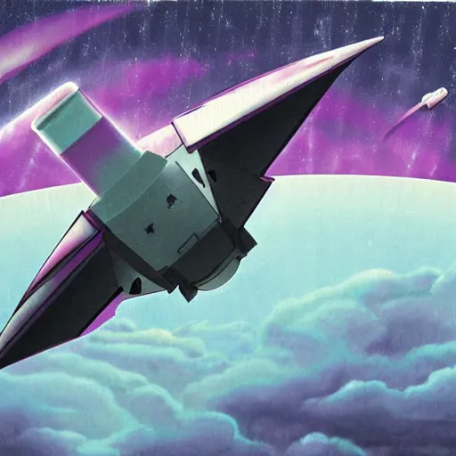 Image similar to spaceship flying through purple thunderstorm, science fiction pulp illustration