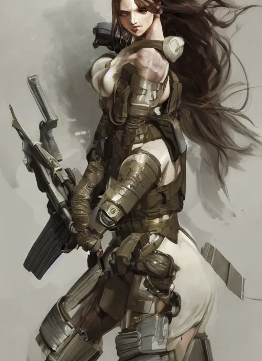 Prompt: a professionally painting of an attractive young female, partially dressed in military armor, olive skin, long dark hair, beautiful bone structure, perfectly proportioned, symmetrical facial features, intricate, elegant, heroic pose, digital painting, concept art, illustration, smooth, sharp focus, finely detailed, from Metal Gear, by Ruan Jia and Mandy Jurgens and William-Adolphe Bouguerea
