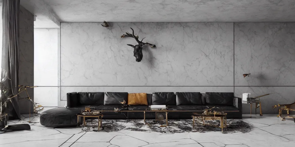 Prompt: ultra wide - angle photography of rich man's house, leather sofa, hunting trophies, artifacts and marble sculptures, octane render, darkslategray wall, ultra details, interior design, 8 k