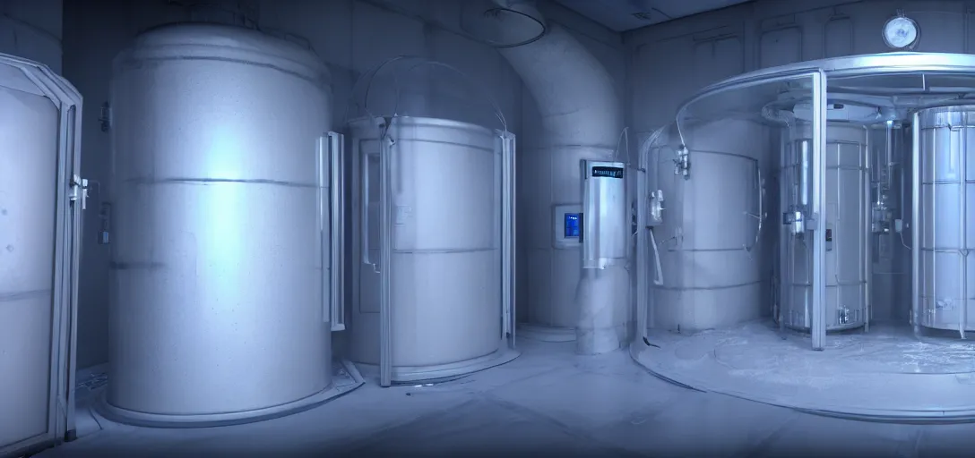 Prompt: epic professional digital art of upright cryogenic chambers with frosted window and dim outline of sleeping patients within, hamish frater, jim burns, wayne barlowe, unreal engine 6 maya render, octane, hd, 4 k