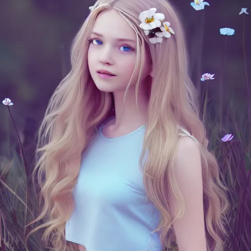 Image similar to a very beautiful teen girl, full body, long wavy blond hair, sky blue eyes, full round face, short smile, cute top, miniskirt, flower in hair, summer lake setting, cinematic lightning, medium shot, mid-shot, highly detailed, trending on Artstation, Unreal Engine 4k, cinematic wallpaper by Stanley Artgerm Lau, WLOP, Rossdraws, James Jean, Andrei Riabovitchev, Marc Simonetti, and Sakimichan