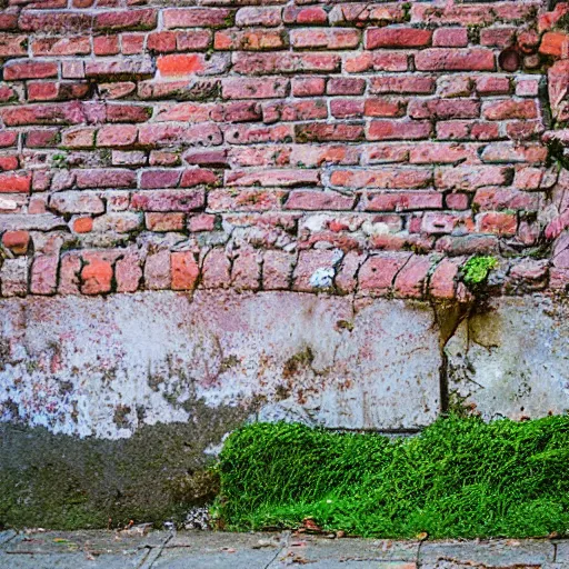 Prompt: old brick wall with moss and graffiti