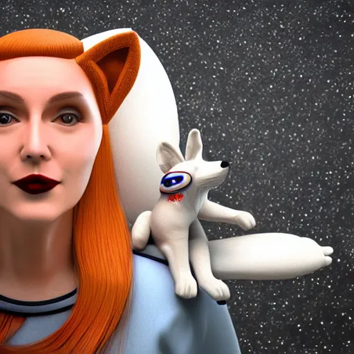 Image similar to a 3 d render of an astronaut in space holding a fox wearing lipstick