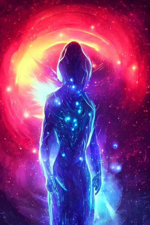 Image similar to a celestial alien mage made of dripping starlight, 8k resolution detailed fantasy art, rule of thirds, dark glowing neon, dripping galaxy backdrop bokeh
