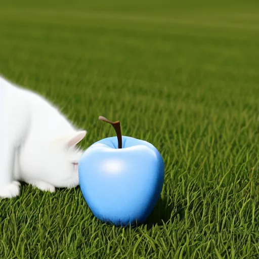 Image similar to a white cat paw holding a light blue apple, close up, with a field in the background, unreal engine