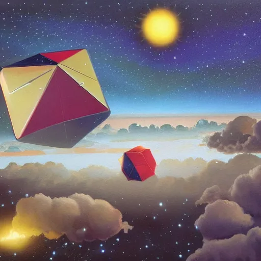 Image similar to a painting by ralph mcquarrie of floating molecules and icosahedron with stars, clouds, and rainbows in the background, trending on artstation, masterpiece, incredible details