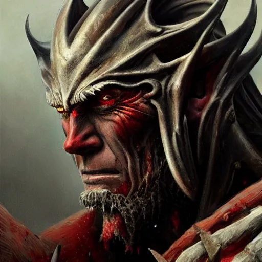 Image similar to closeup portrait shot of clint eastwood as khorne, the blood god, lord of skulls, kharneth, battle, rage, highly detailed, digital painting, artstation, concept art, soft focus, depth of field, artgerm, tomasz alen kopera, peter mohrbacher, donato giancola, wlop, boris vallejo