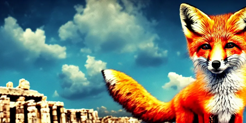Prompt: A beautiful small fox in the huge ruins of the second temple in Jerusalem :: Dreamy sky :: The third temple hovers quietly in the sky above :: Very colorful painting 8k trending on art station :: Intricate details, very realistic, cinematic lighting, volumetric lighting, photographic blur bokeh defocus dof sky.