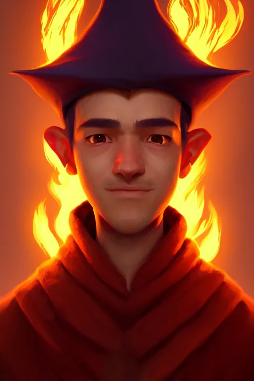 Prompt: a game art portrait of a handsome young male wizard of the fire element by Cory Loftis, hyperrealism, very detailed, Vray, Rembrandt lighting, artstation, Deviantart, fantasy art, rpg portrait