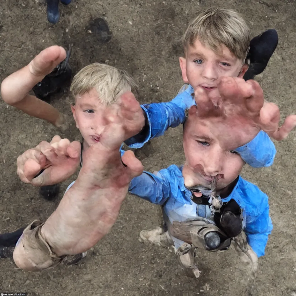 Prompt: a boy whose hands have been replaced by horse hooves and his eyes are literally the size of bowling balls