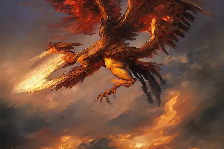 Image similar to A beautiful oil painting of a phoenix, by Lucas Graciano, Frank Frazetta, Greg Rutkowski, Boris Vallejo, epic fantasy character art, high fantasy, Exquisite detail, post-processing, low angle, masterpiece, cinematic