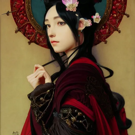 Image similar to a beautiful portrait of hatsune miku with long black and deep red colored hair dressed as a 1 6 th century european noblewoman, intricate, elegant, highly detailed, digital painting, artstation, concept art, matte, sharp focus, illustration, art by greg rutkowski and alphonse mucha