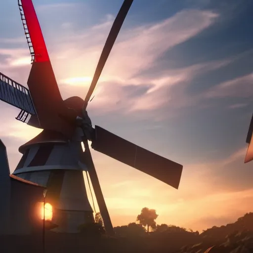 Image similar to gundam as dutch windmill in gundam, gundam is windmill shaped, dutch windmill gundam, in gears of war, splash art, movie still, cinematic lighting, ray tracing, octane render, long lens, shallow depth of field, bokeh, anamorphic lens flare, 8 k, hyper detailed, 3 5 mm film grain