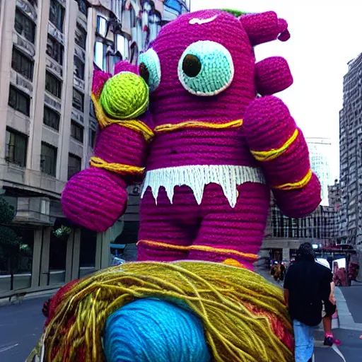 Prompt: a large monster made out of yarn is attacking the center of the city at magic hour,