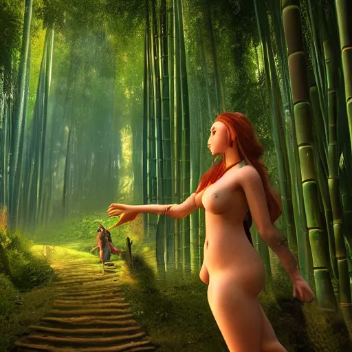 Image similar to A beautiful elvish giantess staring at a dwarf ,detailed body and eyes,proper anatomy, bamboo forest in the background, beautiful lighting,,digital art , highly detailed , high contrast, beautiful lighting, award winning , trending on art station, 8k, photo realistic,unreal engine 5