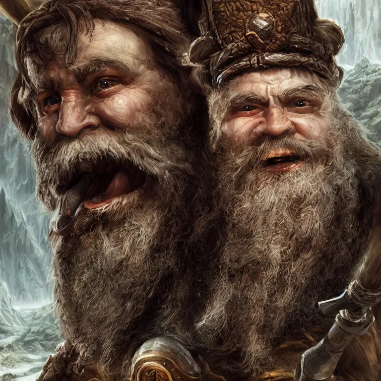 Image similar to dwarf with hammer in mountains, lord of the rings style, fantasy, poster, character portrait, portrait, close up, concept art, intricate details, highly detailed, full body, 8 k, detailed face, body