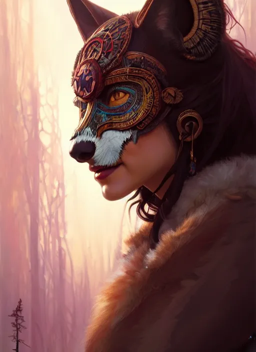 Prompt: portrait of shaman beautiful girl, intrigante, wolf mask, headshot, highly detailed, digital painting, artstation, concept art, sharp focus, cinematic lighting, illustration, art by artgerm and greg rutkowski, alphonse mucha, cgsociety