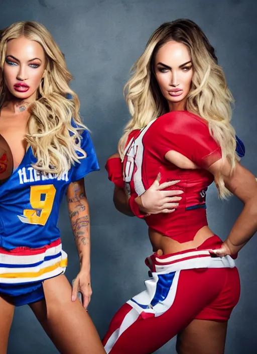 Image similar to portrait of lindsey pelas and megan fox wearing football jerseys, by charlotte grimm, studio light, detailed face, canon eos c 3 0 0, ƒ 1. 8, 3 5 mm, 8 k, medium - format print, half body shot