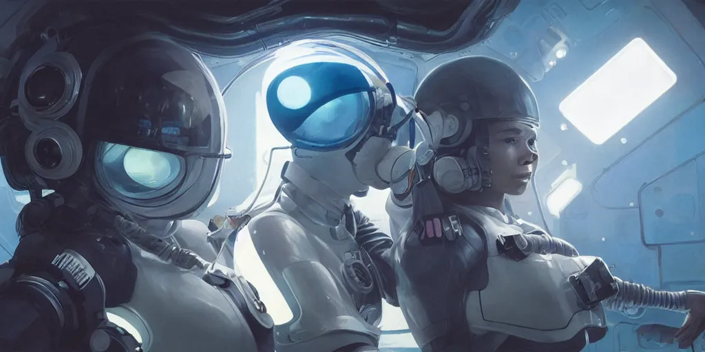 Prompt: Zoe Kravitz with short hair as a techpunk astronaut, helmet with led lights, underwater in the ocean at night, clear water, volumetric lighting, glowing lights, 4k, octane, digital painting, artstation, concept art, cinematic film, sharp focus, illustration, art by artgerm and greg rutkowski and alphonse mucha , wide angle view,