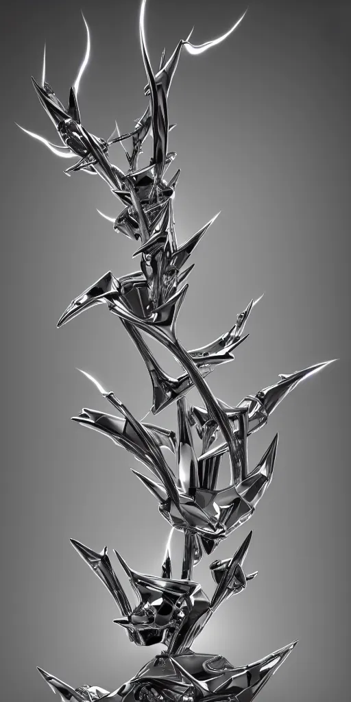 Image similar to 3 d photographic render of a chrome neotribal thorns and thunders sculpture, raytracing, hyper realistic, volumetric lightning, 8 k, by zhelong xu and ouchh studio