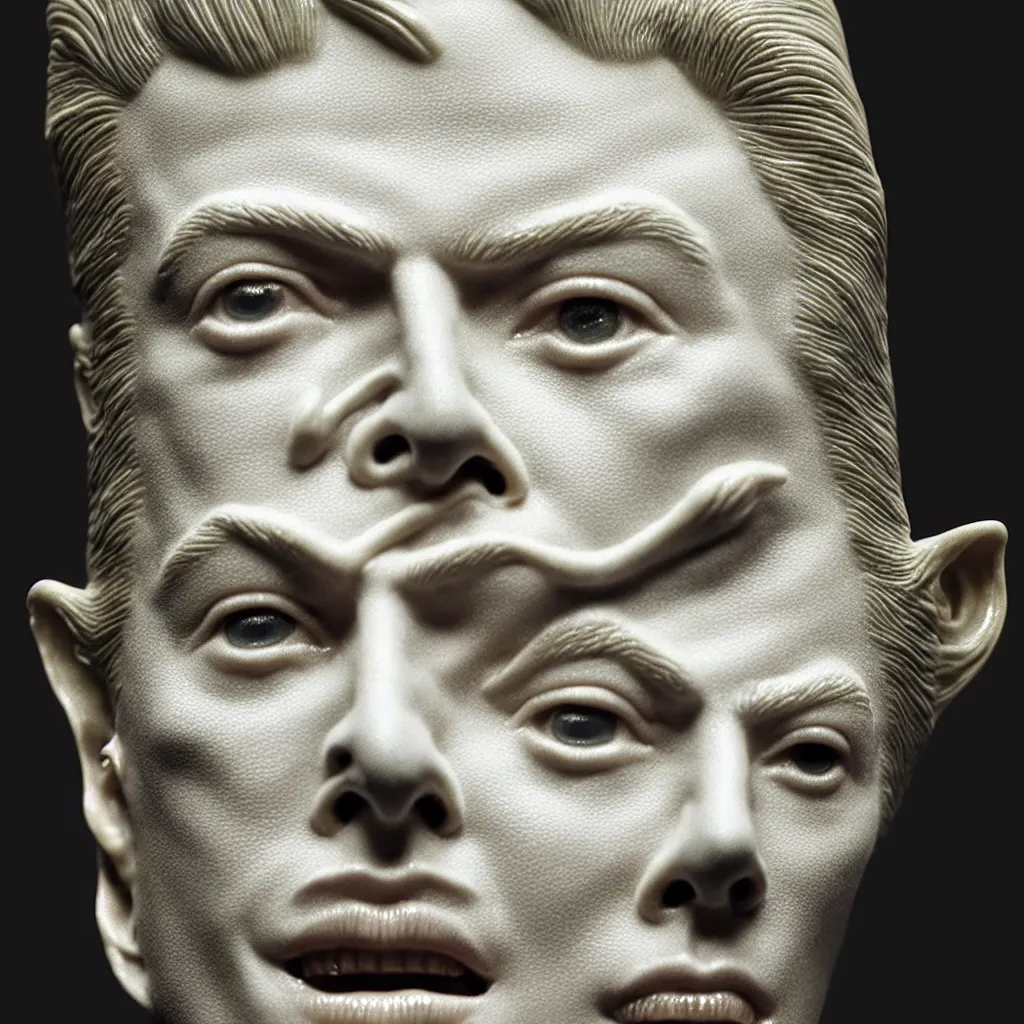 Image similar to David Bowie , A Close up photo-real delicate ceramic porcelain sculpture of a symmetrical ornate detailed in front of an intricate background by Victo Ngai and takato yamamoto, micro detail, backlit lighting, face in focus, subsurface scattering, translucent, thin porcelain, octane renderer, colorful, physically based rendering, japanese pottery, trending on cgsociety