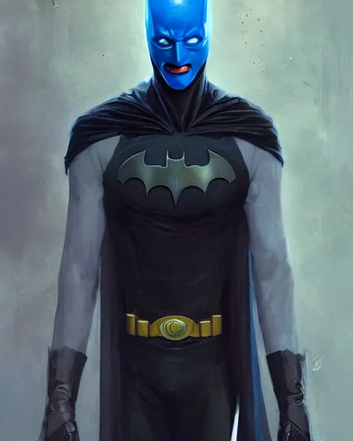 Image similar to character portrait of a slender young batman with blood stains in his face, piercing bright blue eyes, and pale skin, by greg rutkowski, mark brookes, jim burns, tom bagshaw, trending on artstation