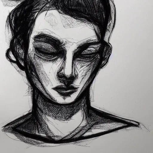 Image similar to portrait of dazed model looking left, black ink on paper