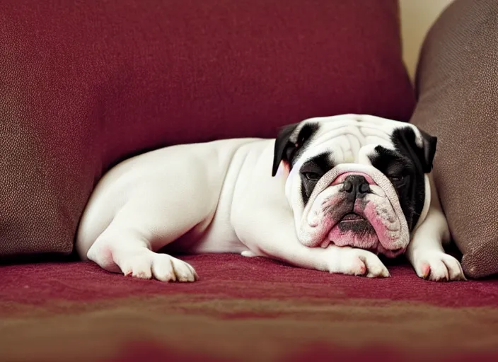 Image similar to a closeup, 4 5 mm, portrait of a sleeping english bulldog in a bed, on a pillow, low light, 4 5 mm, by franz lanting