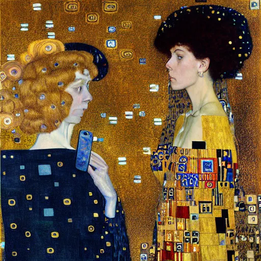 Image similar to gustav klimt painting of two women looking at a data dashboard and making a decision of great significance