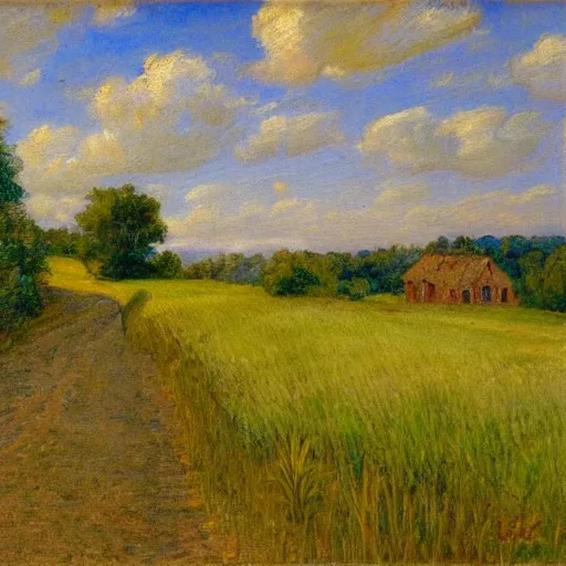 Prompt: the painting is in the style of french impressionism and the genre is landscape. the painting depicts a rural scene with a road winding through fields of tall grass. the sky is a bright blue and there are trees in the distance. the painting has a light and airy feel to it digital art, ue 5, 8 k, 4 k, hq