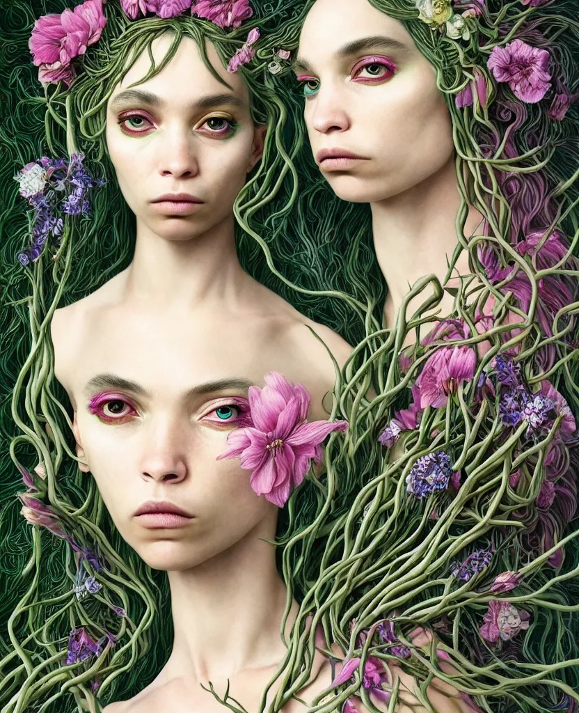 Image similar to 1 figure!!!!!!, the non-binary deity of Spring, resembling a mix of Grimes, Aurora Aksnes, and Zoë Kravitz, in a style blend of Botticelli, Möbius and Æon Flux, the figure is made out of spring flora and fauna, surrealism, stunningly detailed artwork, hyper photorealistic 4K, stunning gradient colors, very fine inking lines