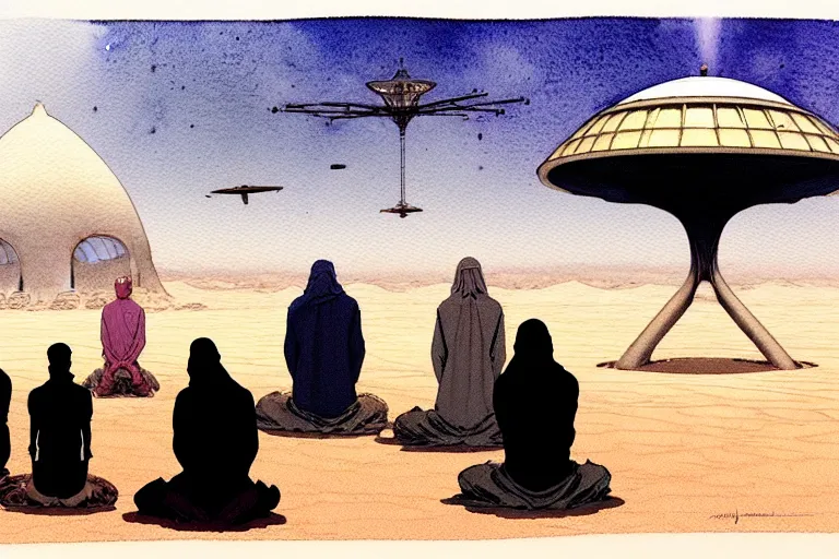 Image similar to a hyperrealist watercolour character concept art portrait of a group of middle eastern men kneeling down in prayer in front of a giant alien on a misty night in the desert. a ufo is in the background. by rebecca guay, michael kaluta, charles vess and jean moebius giraud