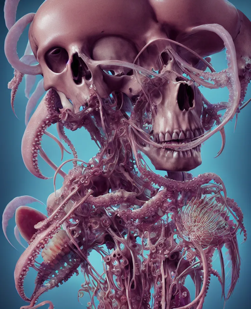 Image similar to symmetry!! goddess close - up portrait human skeleton, ram skull, squid phoenix jellyfish, orchid, betta fish, bioluminiscent, intricate artwork by tooth wu and wlop and beeple. octane render, trending on artstation, greg rutkowski very coherent symmetrical artwork. cinematic, hyper realism, high detail, octane render, 8 k